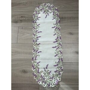 Lavender Embroidered Table Runner White Purple Floral Cutwork Farmhouse 44"